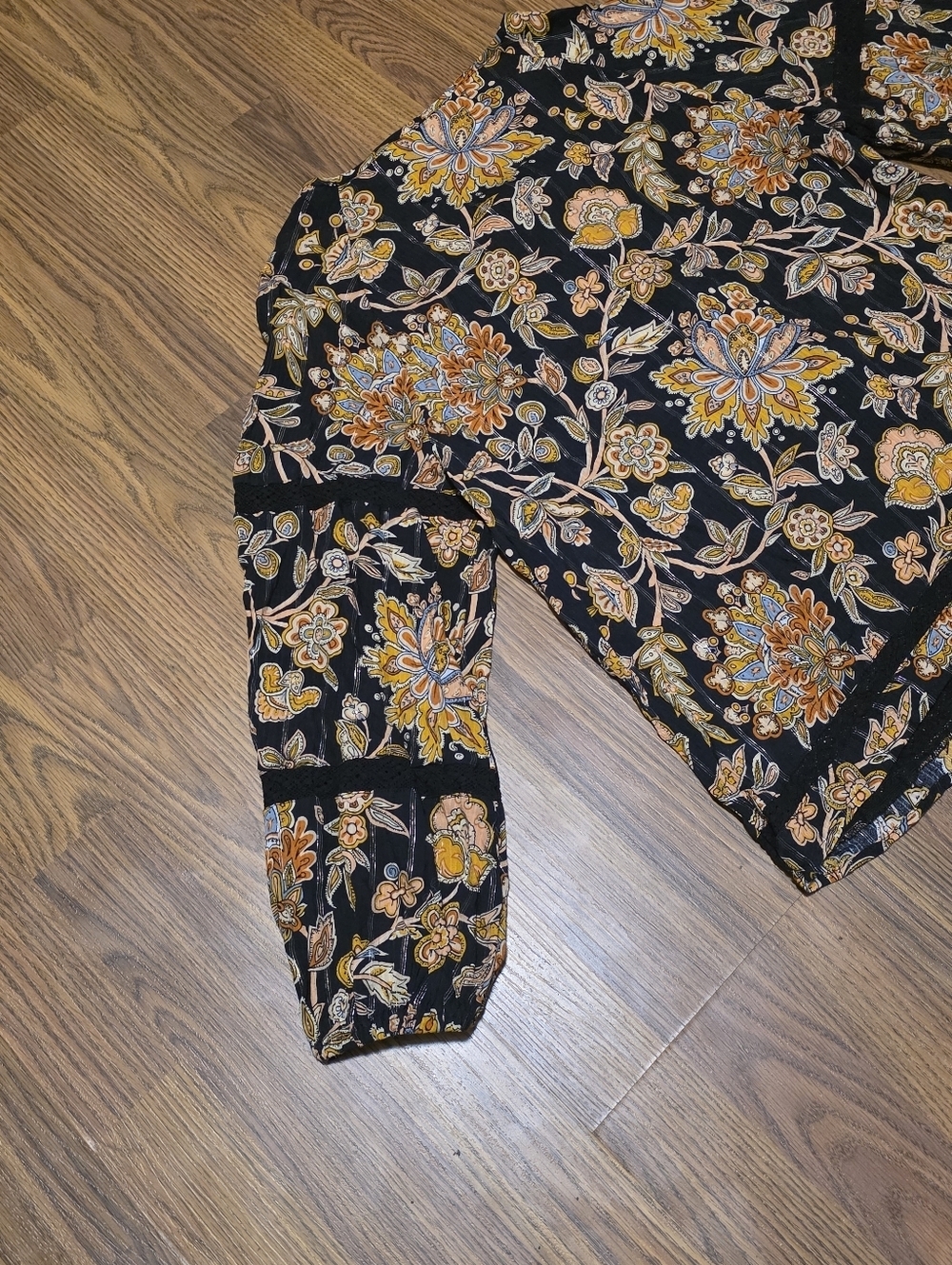 Cleo Petites M Black Gold Floral Boho Peasant Blouse Tassel Tie Long Sleeve Top - Picture 2 of 11